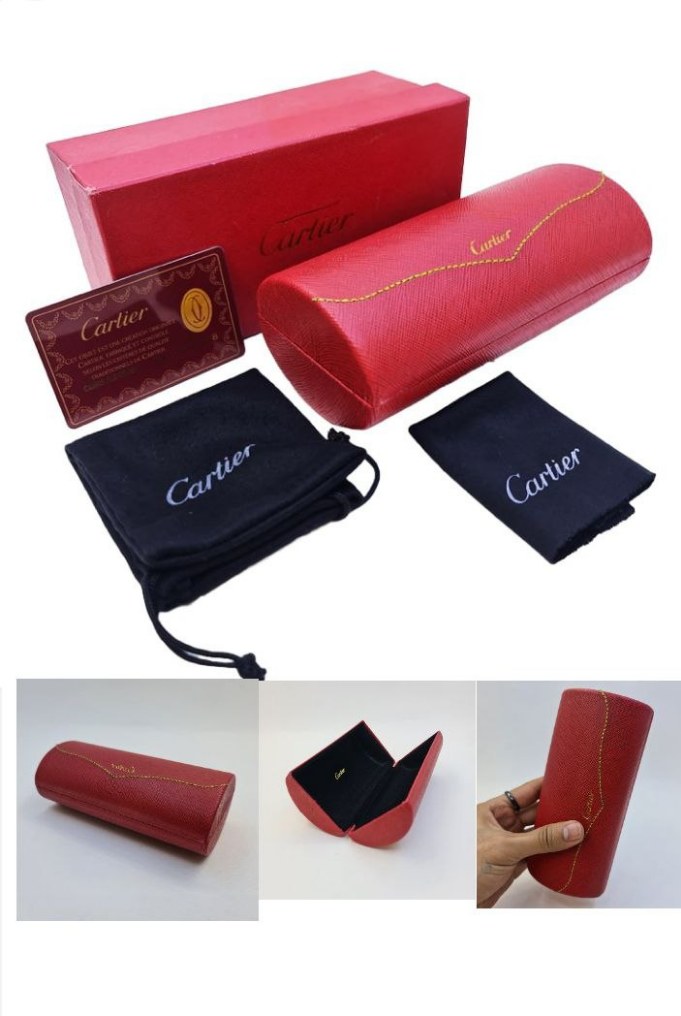 پک کامل جعبه و قاب عینک کارتیه (Cartier) قرمز شامل هارد کیس، دستمال و کارت اصالت - عینک شهر